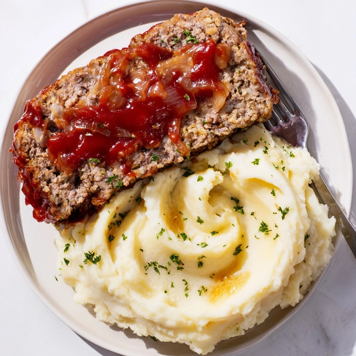 Comforting classic meatloaf recipe: ground beef, pork, glazed, slices with fluffy mashed potatoes.