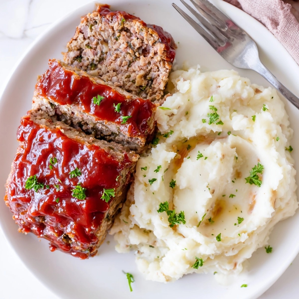 Savory classic meatloaf and mashed potato plate, glazed and baked, a hearty American meal.