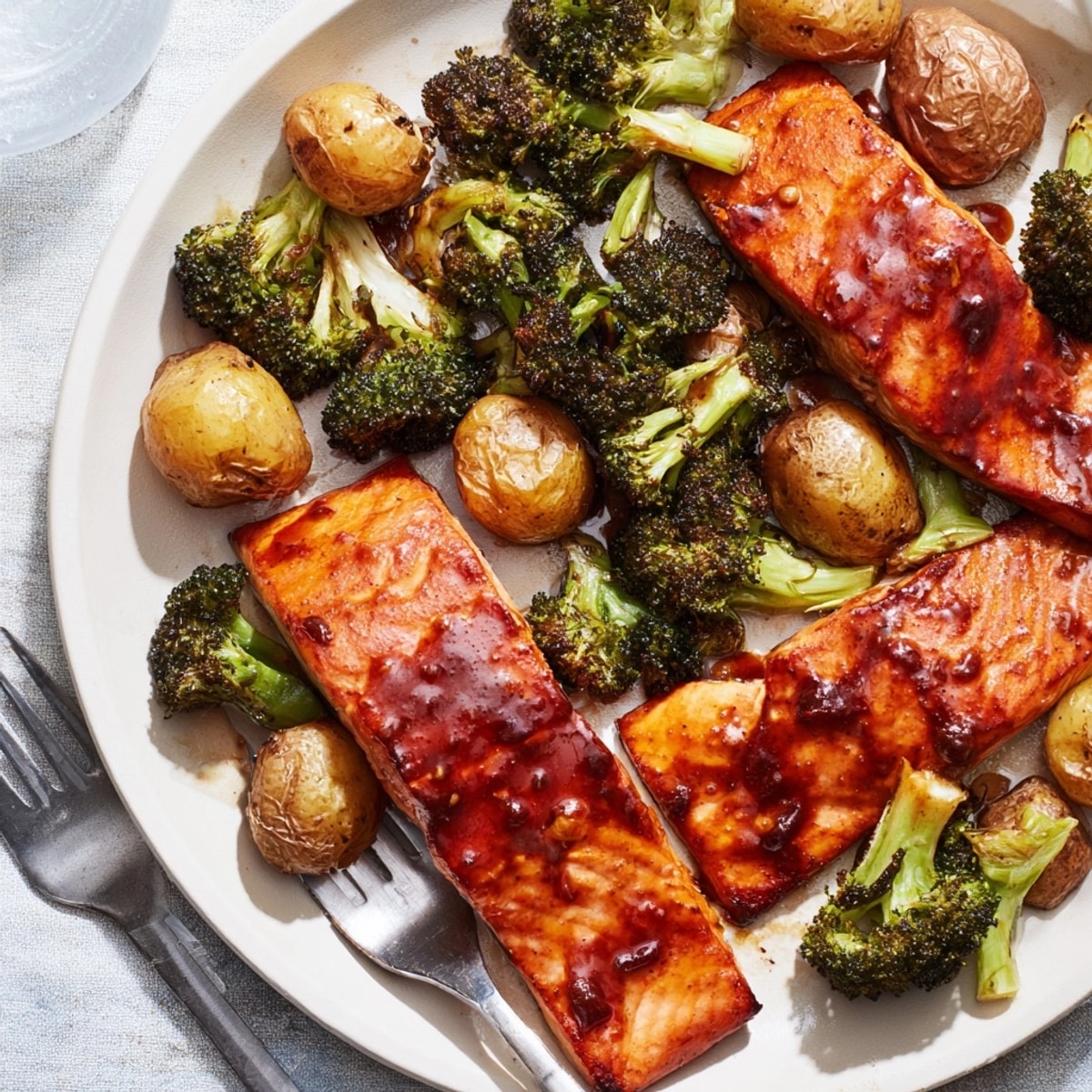 Sheet Pan Honey Garlic Salmon with roasted broccoli and golden potatoes, ready to serve.