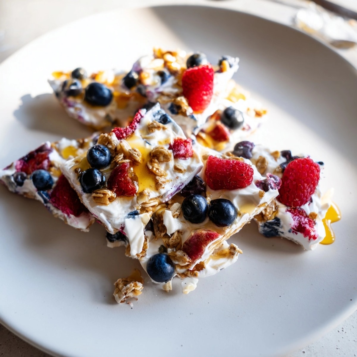 Homemade Greek Yogurt Berry Bark, a healthy frozen snack with honey drizzle.