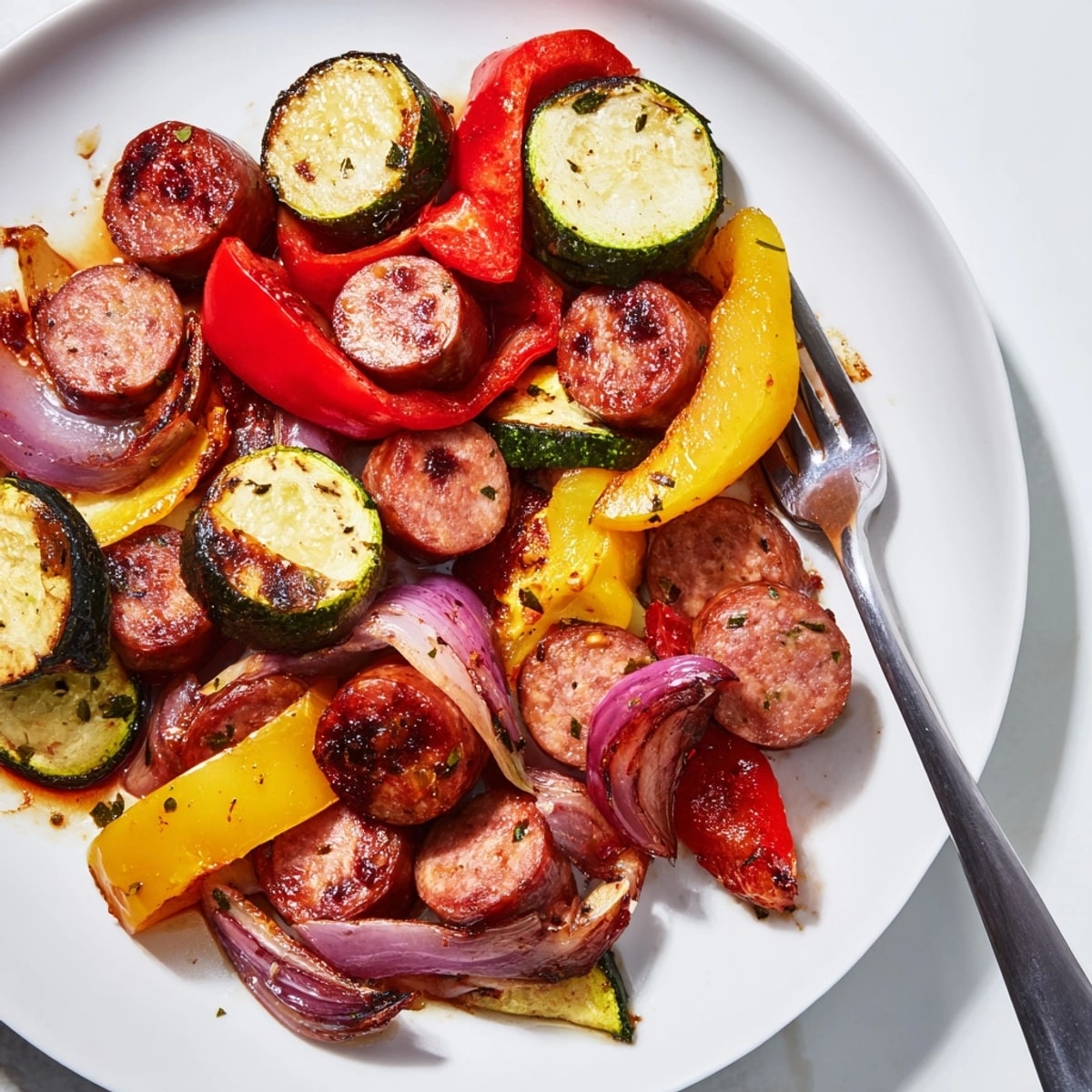 Roasted Sausage &amp; Veggie Sheet Pan Dinner with sweet bell peppers filling the frame.