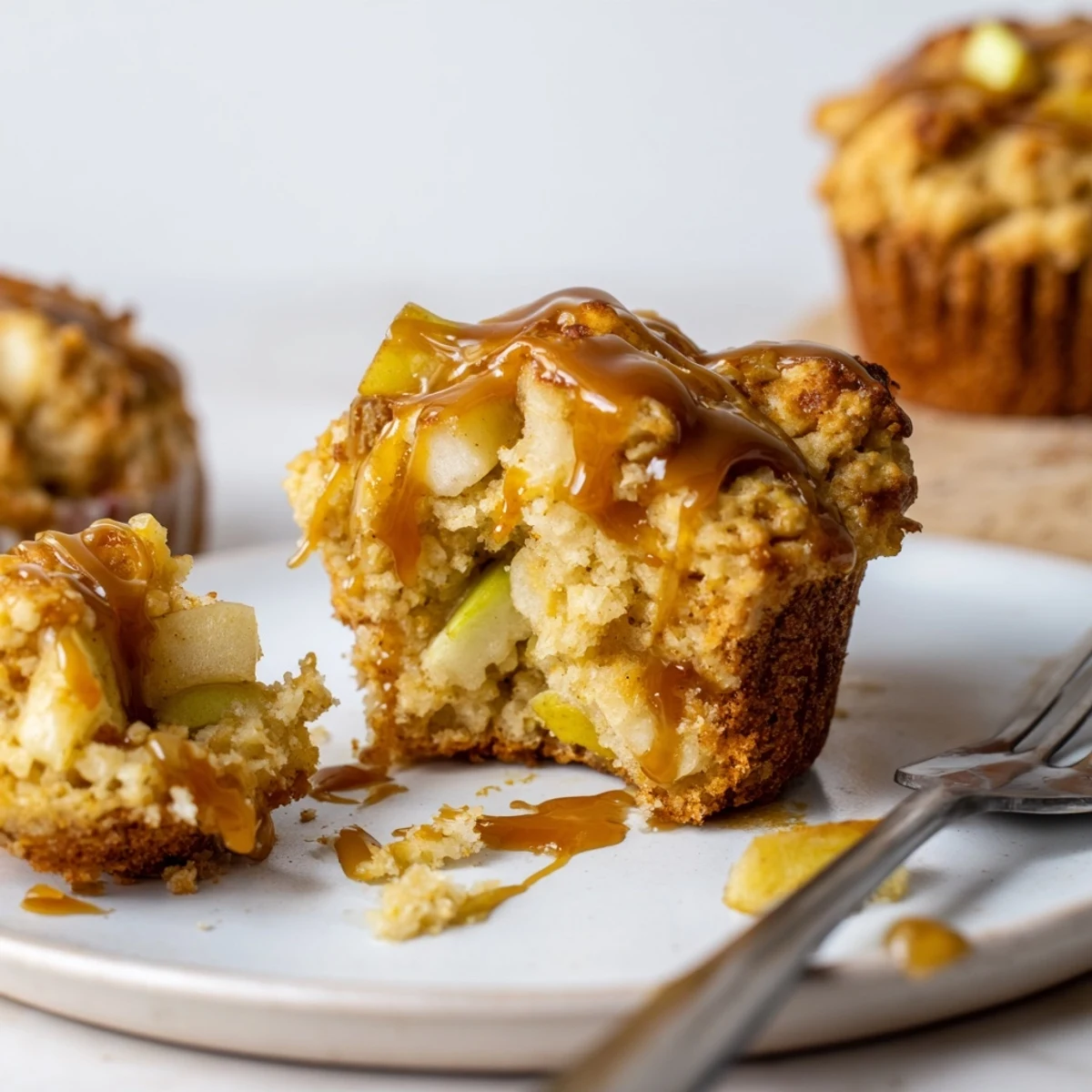 Golden-brown scone muffins bursting with fresh apples and topped with decadent caramel.  