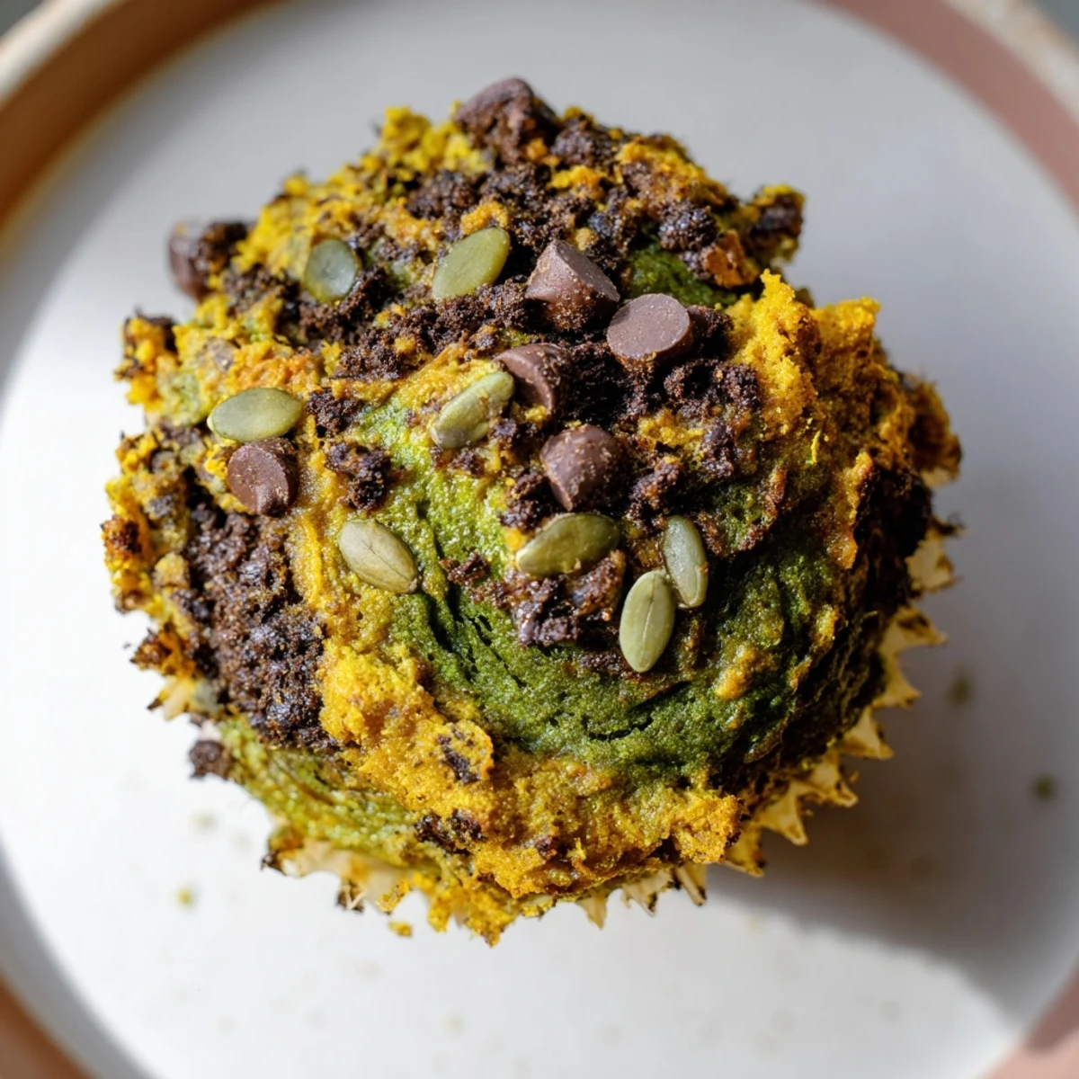 Golden-brown vegan matcha pumpkin muffins served warm, combining earthy flavor and sweetness.