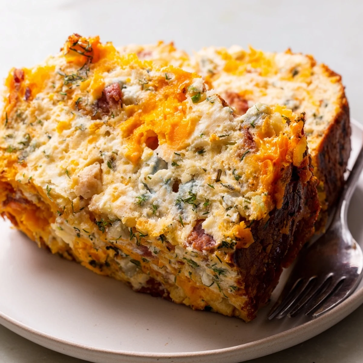 Savory Buffalo Ranch Chaos Cake Loaf with melted cheese and ranch swirls.  