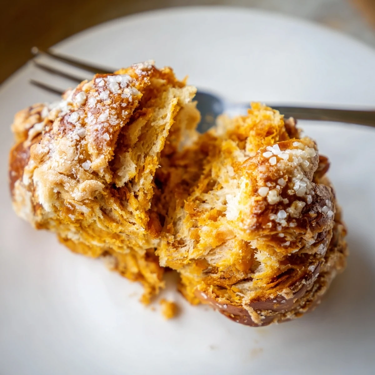 Flaky pumpkin pancake pretzel scones topped with coarse salt and golden butter glaze.  