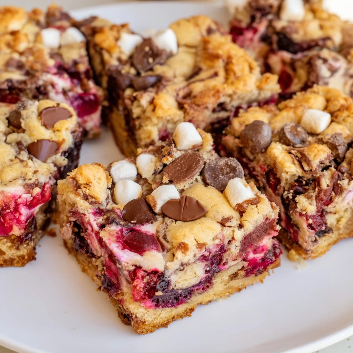 Delicious Smores Cherry Soda Muffin Blondies topped with gooey marshmallows and cherries.  