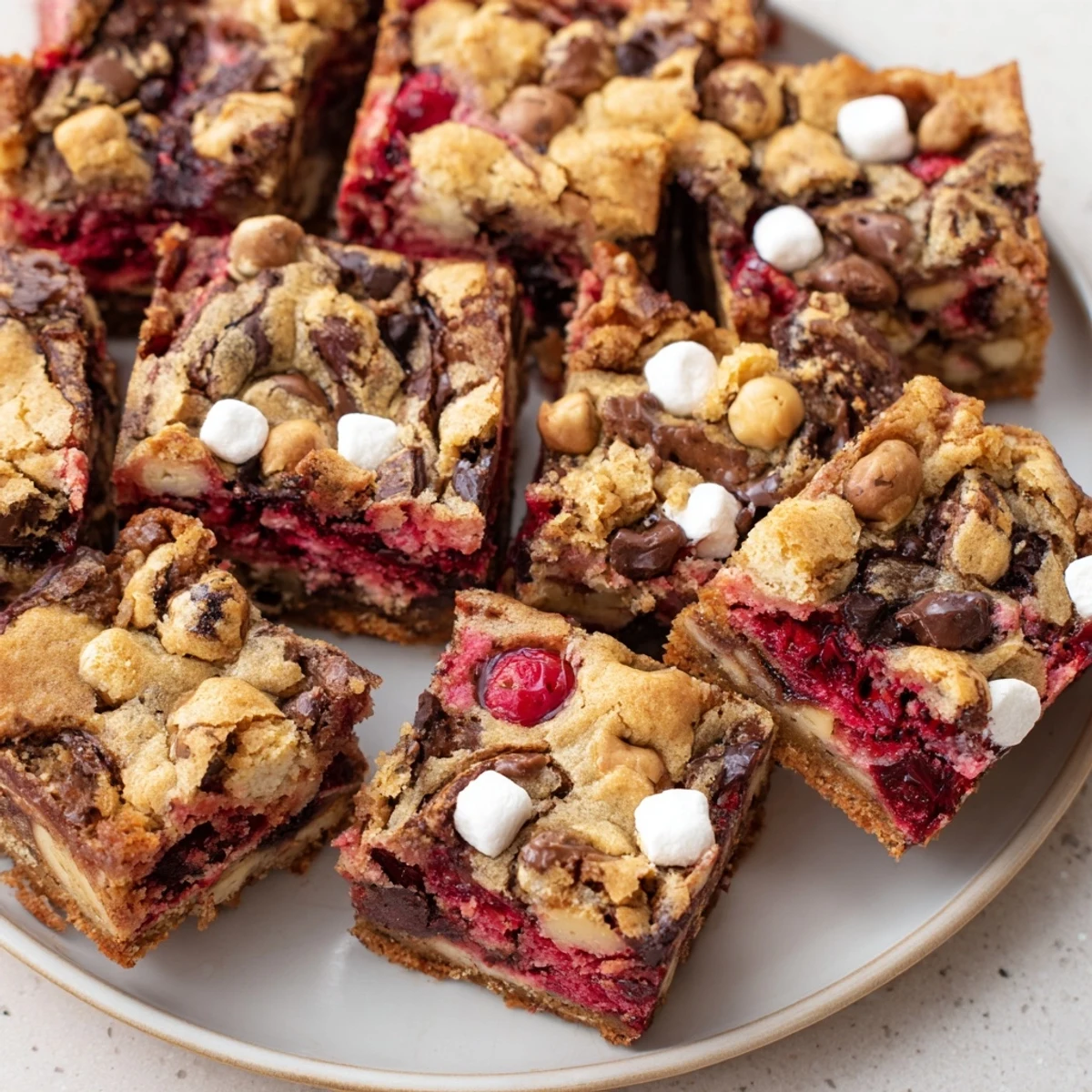 Golden blondie bars infused with cherry soda, graham crackers, and melted chocolate chips.  