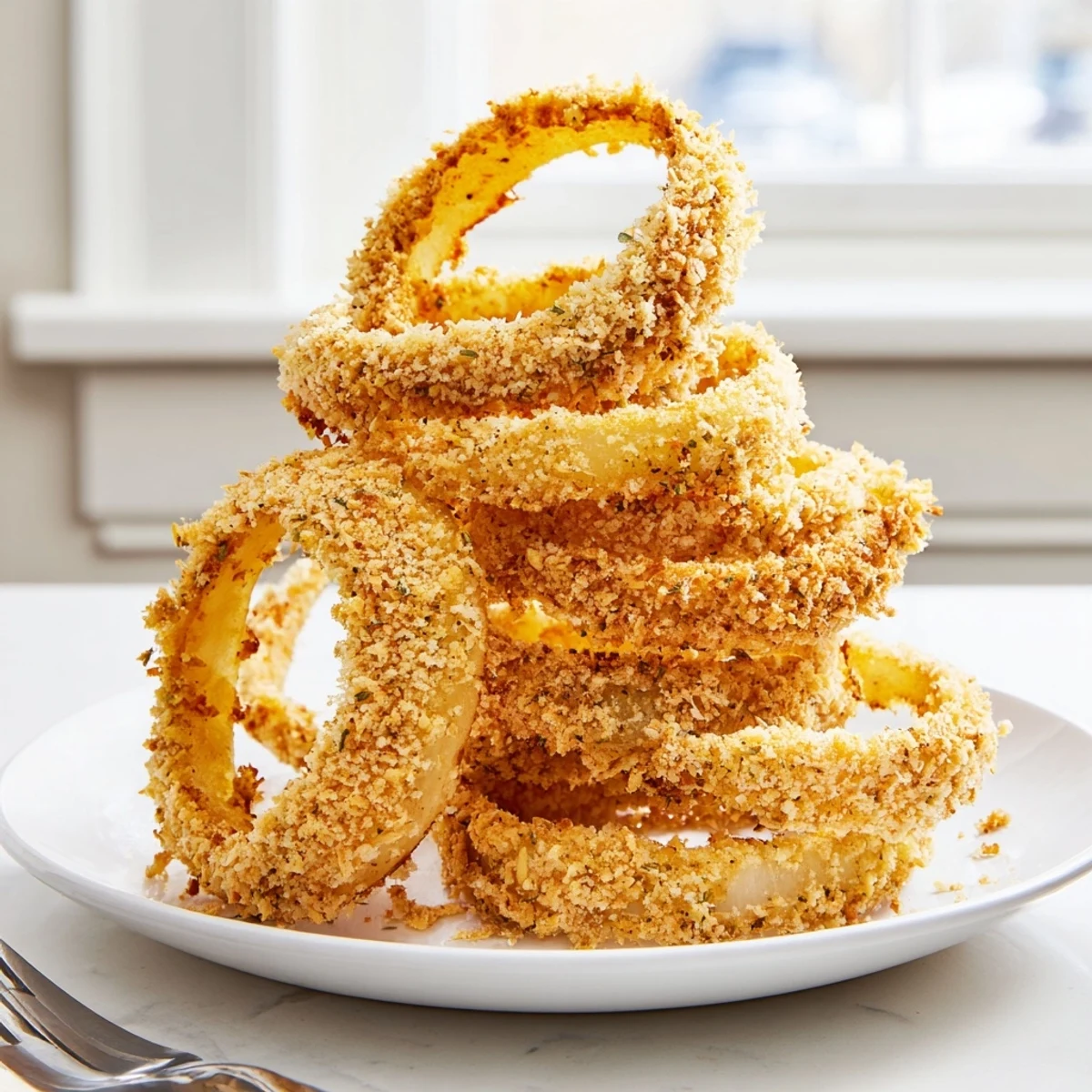 Crispy air fryer onion rings served with zesty dipping sauce for flavor.  