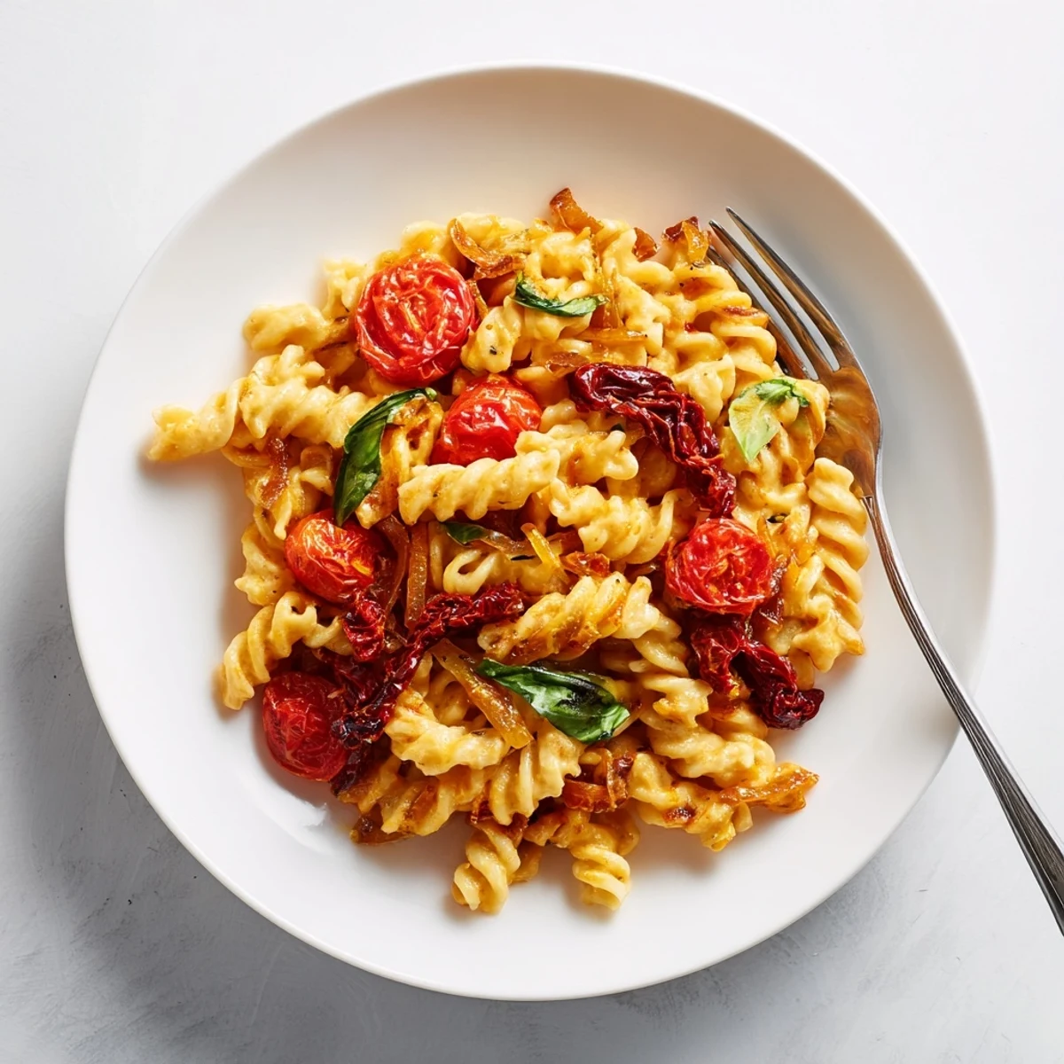 Creamy baked feta pasta topped with caramelized onions and sun-dried tomatoes.  
