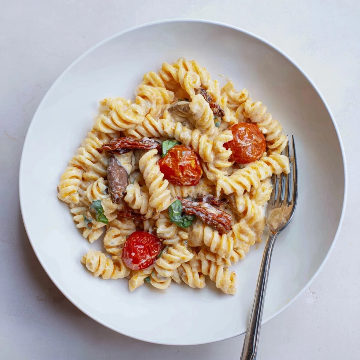 Delicious baked feta pasta drizzled with olive oil and fresh basil for flavor.  