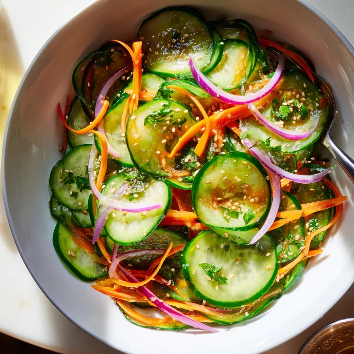 Vibrant cucumber salad remix with fresh vegetables and tangy Asian-inspired dressing.  