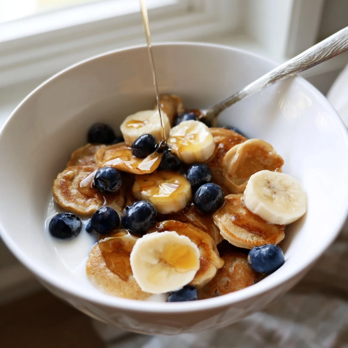 Mini Pancake Cereal in a bowl with fresh berries, drizzled with maple syrup.  
