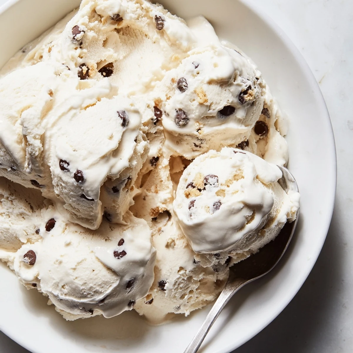 Refreshing cottage cheese ice cream with rich cookie dough for a delightful dessert treat.