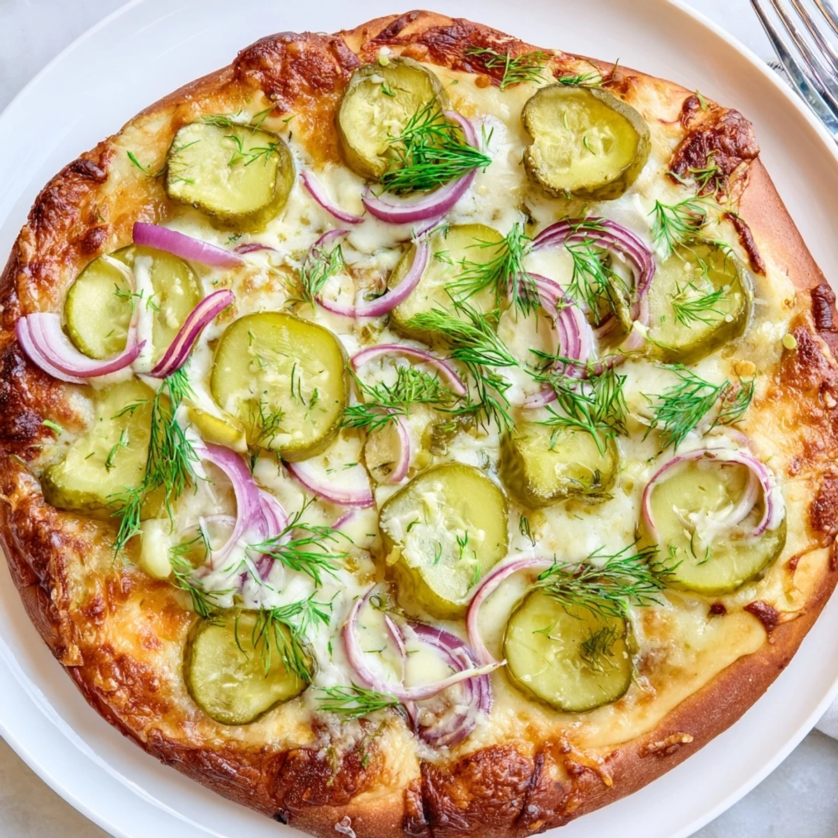 Unique Pickle Pizza with golden crust, creamy sauce, and vibrant pickle slices.
