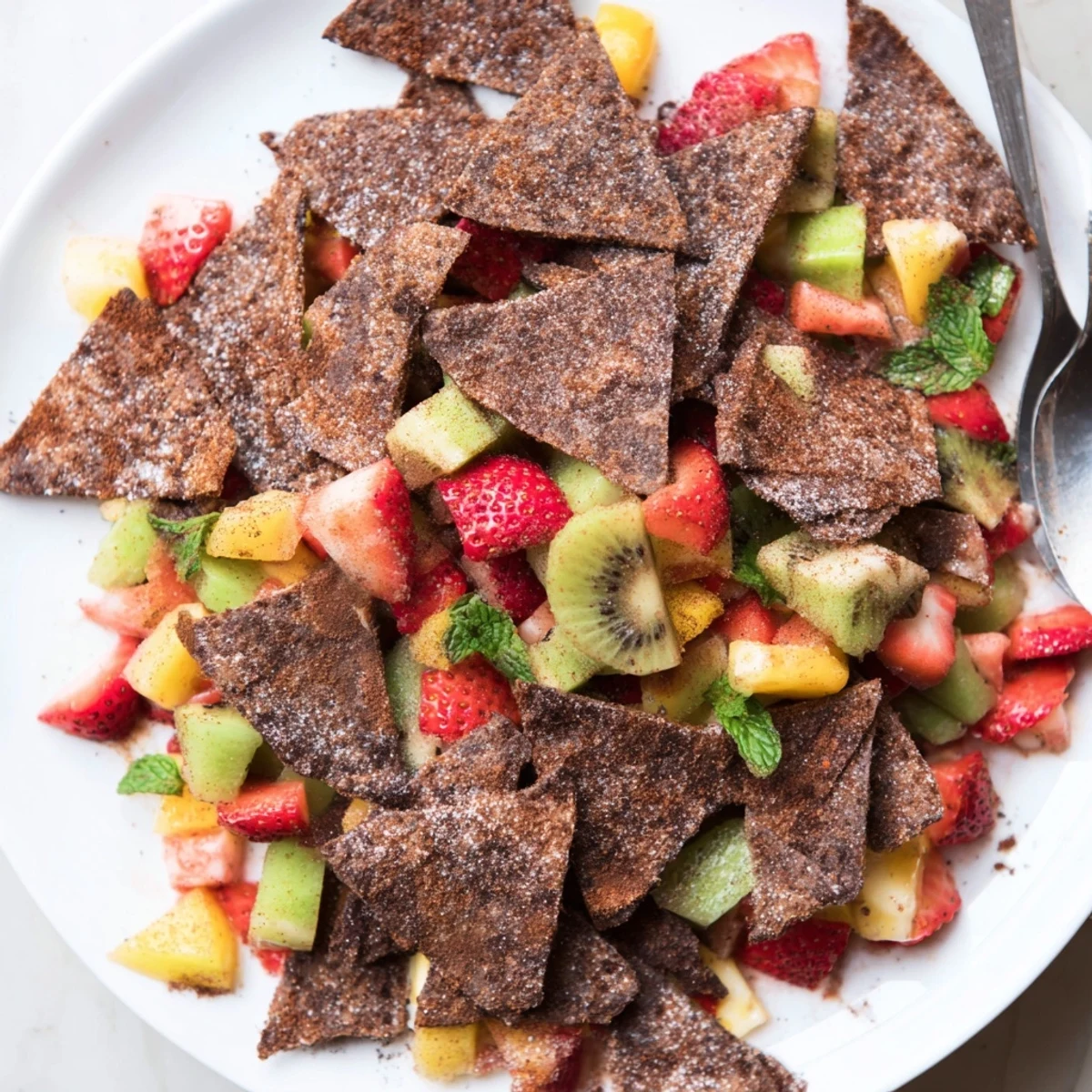 Crispy chocolate tortilla chips paired with colorful fruit salsa for dessert delight.
