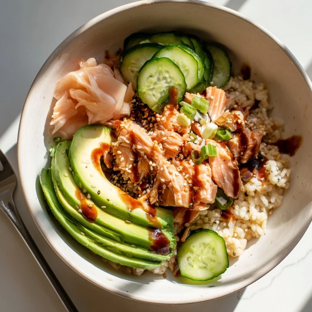 Leftover Salmon & Rice Bowl garnished with fresh avocado and sesame seeds.  
