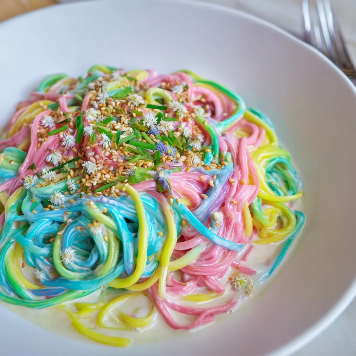 Lively Neon Noodle Cloud topped with scallions and sesame seeds, visually striking and delicious.