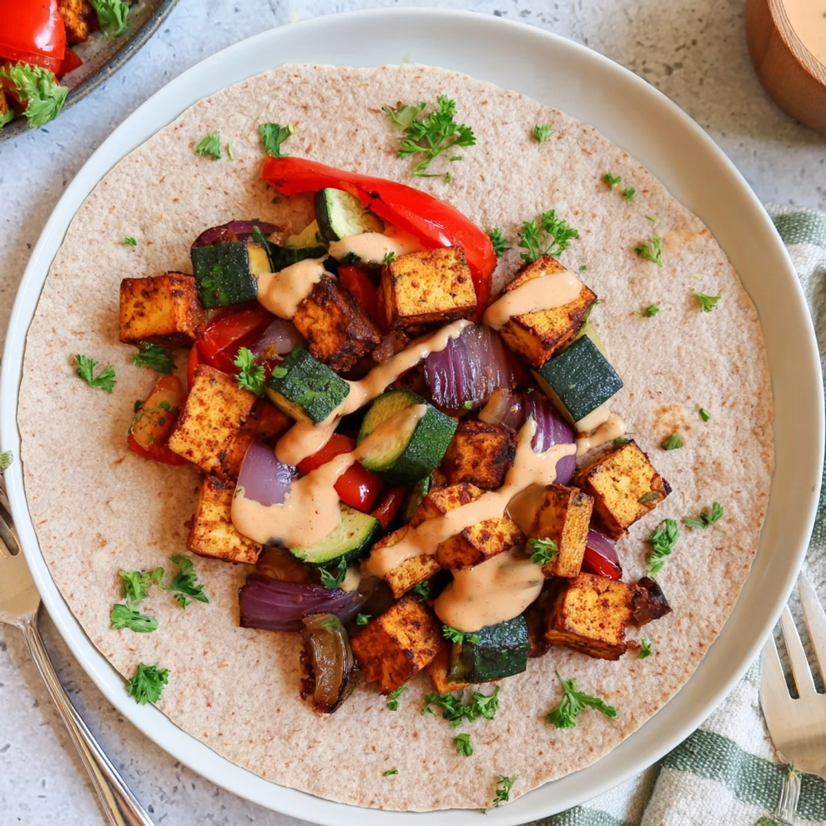 Colorful Vegan Viral Recipe Re-make nestled in warm pita, drizzled with sauce.
