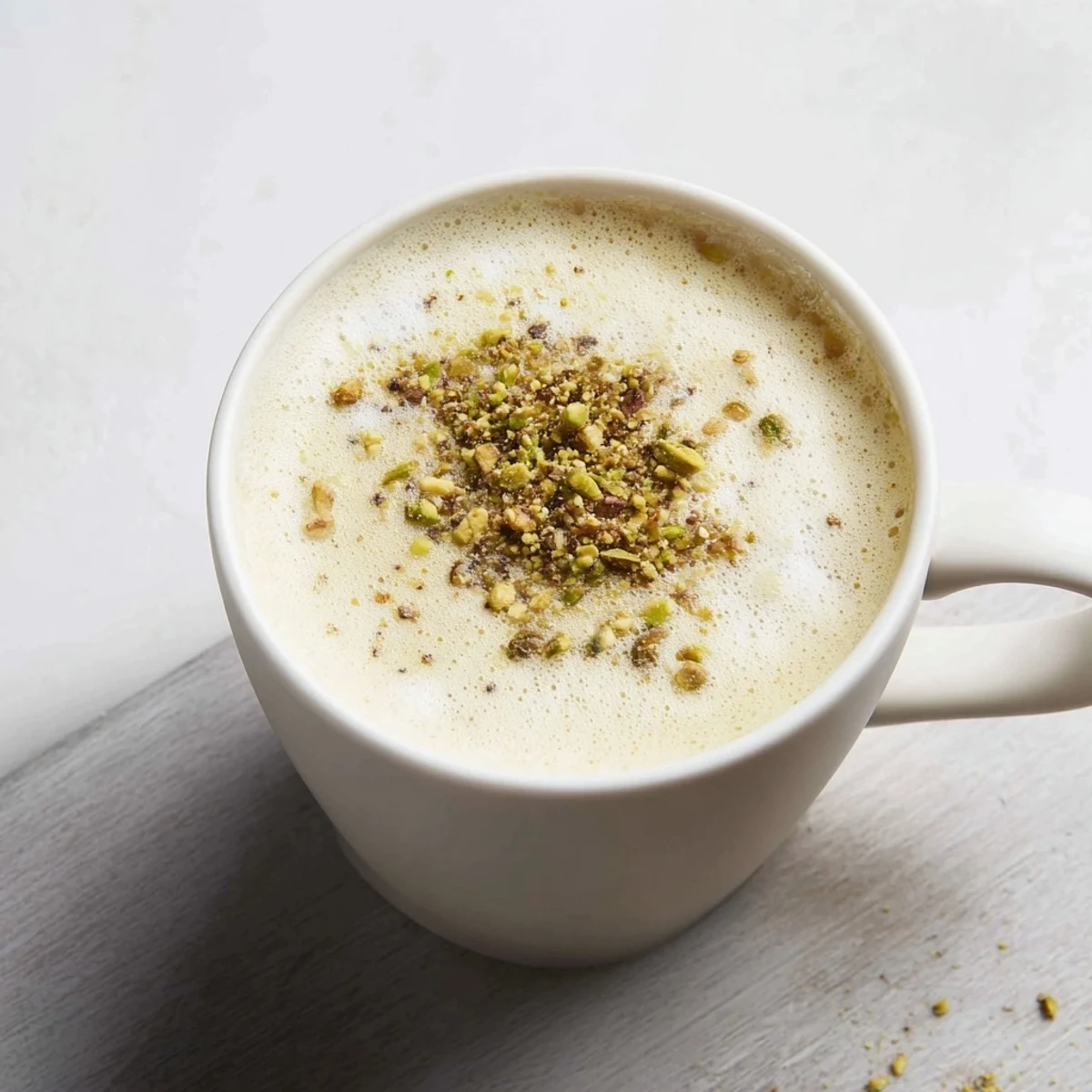 Creamy pistachio milk latte topped with crushed pistachios and espresso swirls.  
