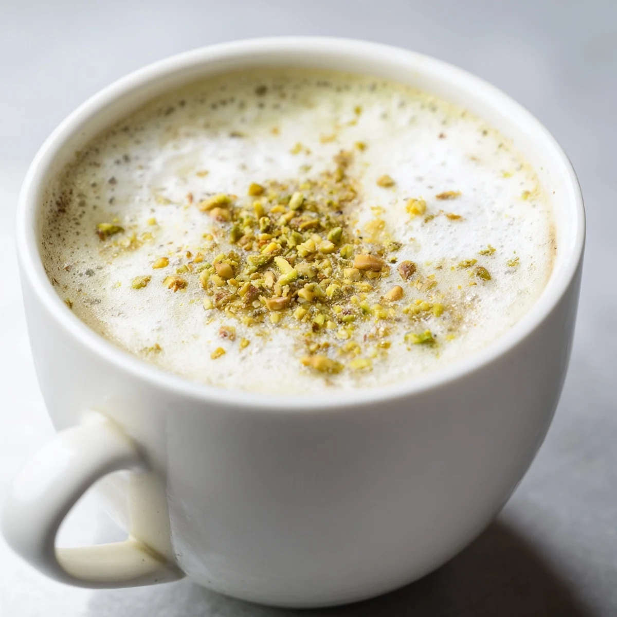 Homemade pistachio milk latte served hot for a delicious, nutty coffee experience.  