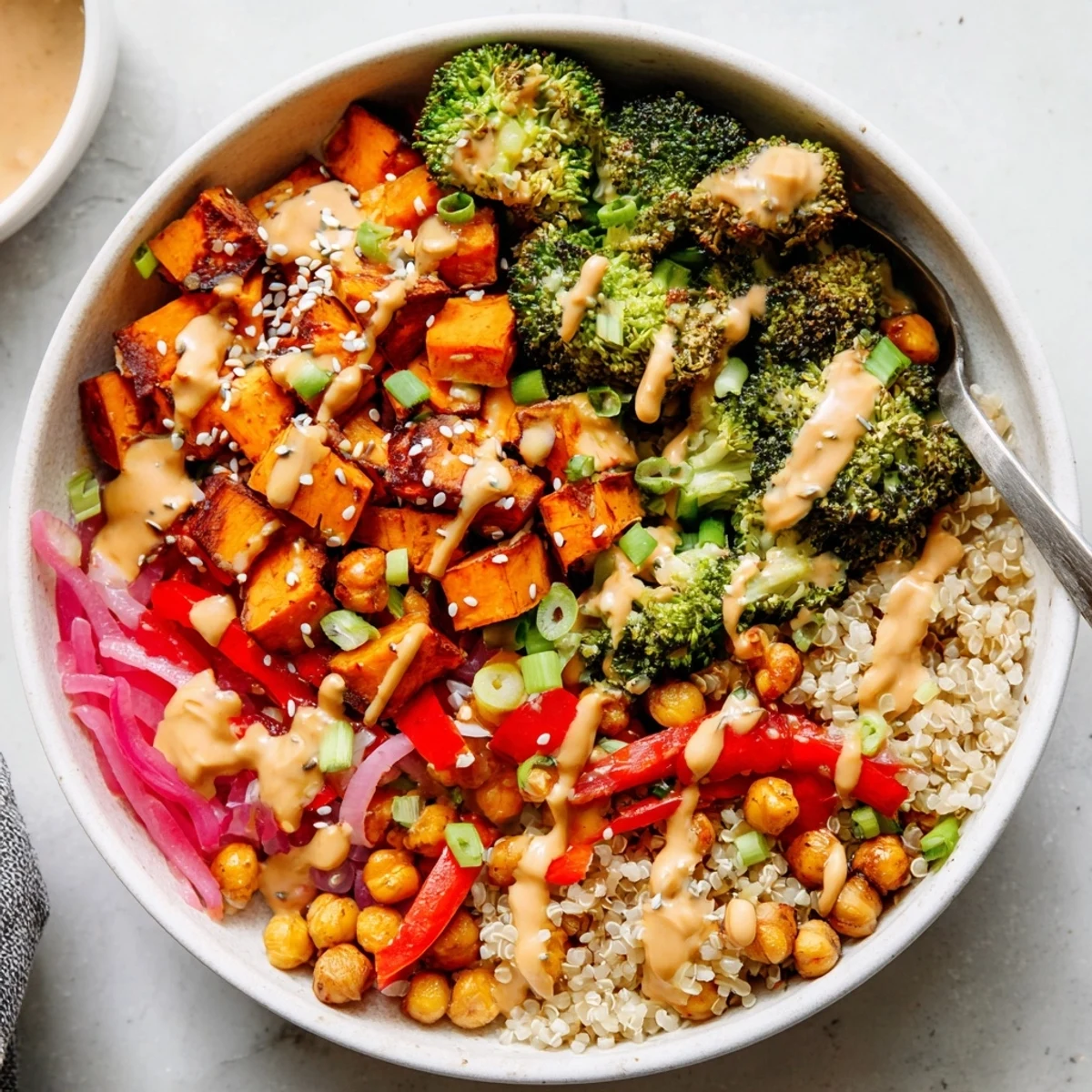 Vibrant Bold Sauce Drizzle Bowls topped with roasted veggies and flavorful sauces.  