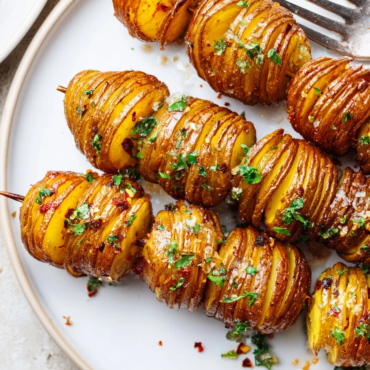 Crispy air-fryer tornado potatoes with vibrant seasoning on skewers for delicious snacking.  