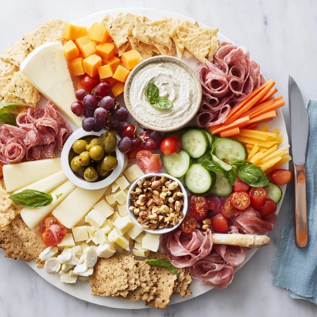 A colorful Girl Dinner Platter filled with cheeses, fruits, and dips to enjoy.  