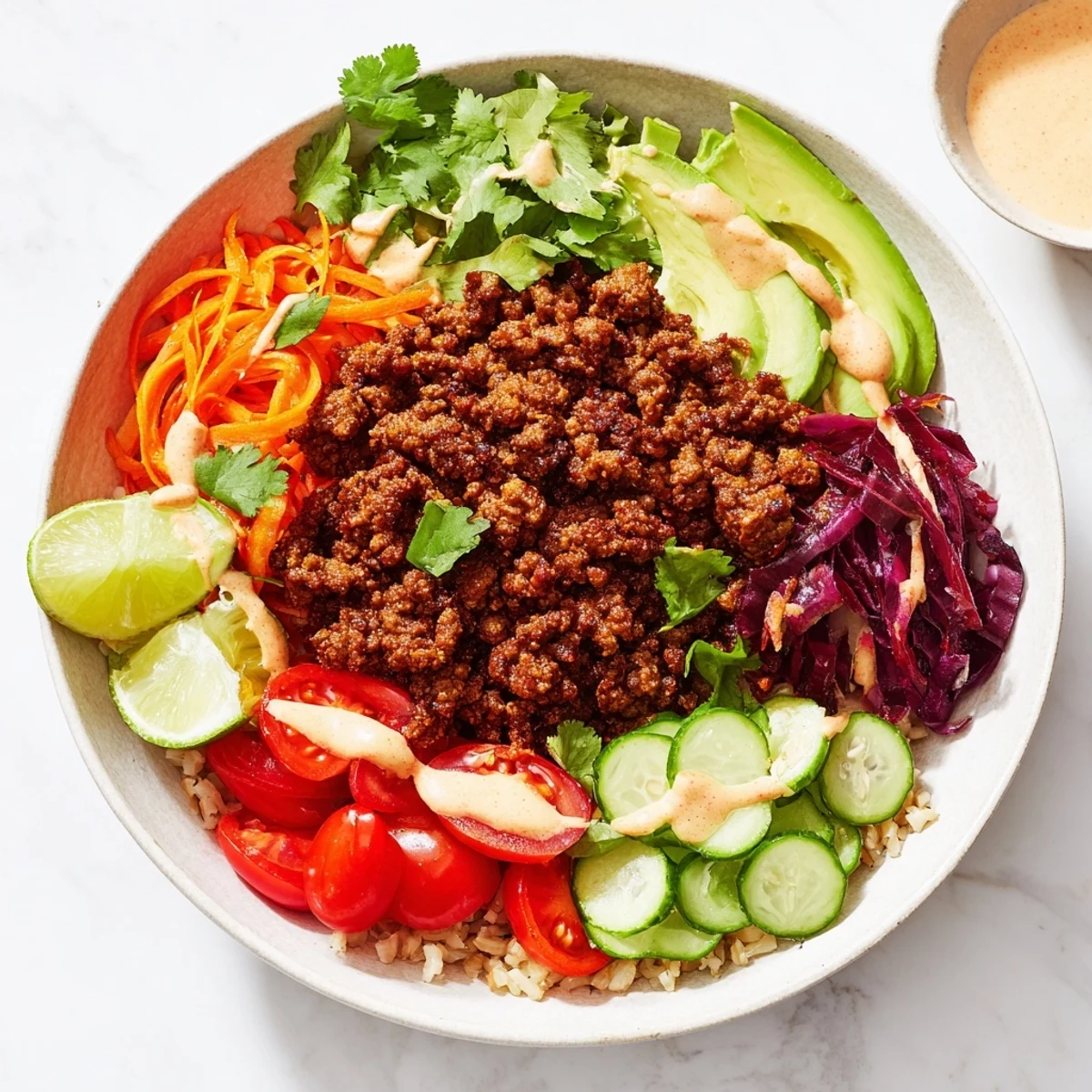 A colorful plant-based meat bowl topped with fresh vegetables and creamy avocado.  