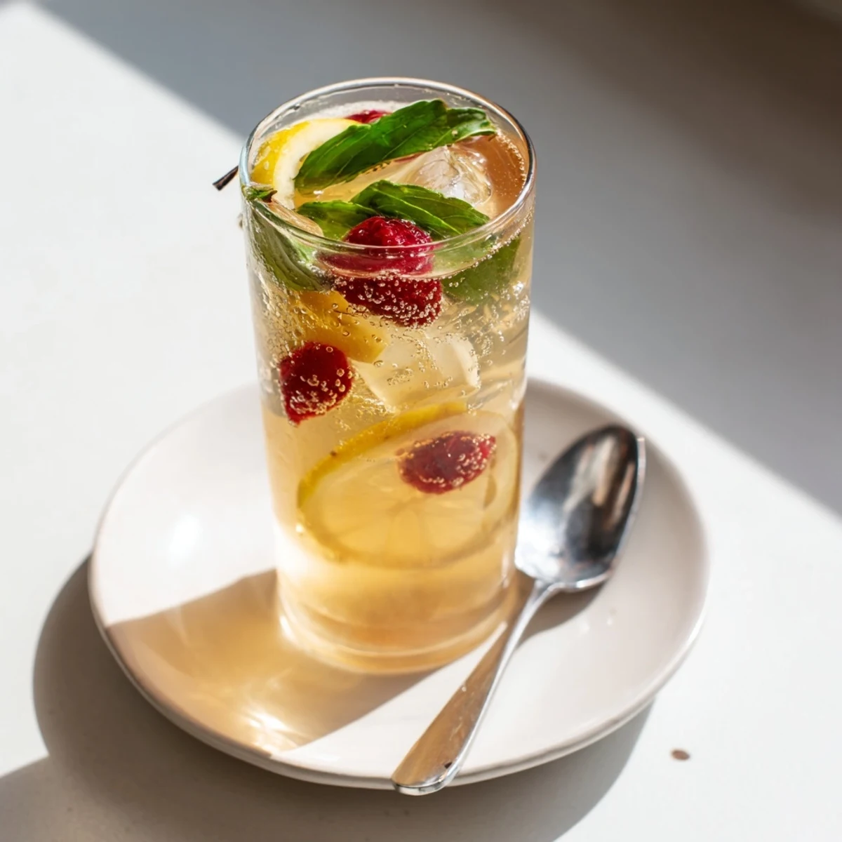 A vibrant array of homemade Kombucha-Style mocktails with fresh berries and herbs.  