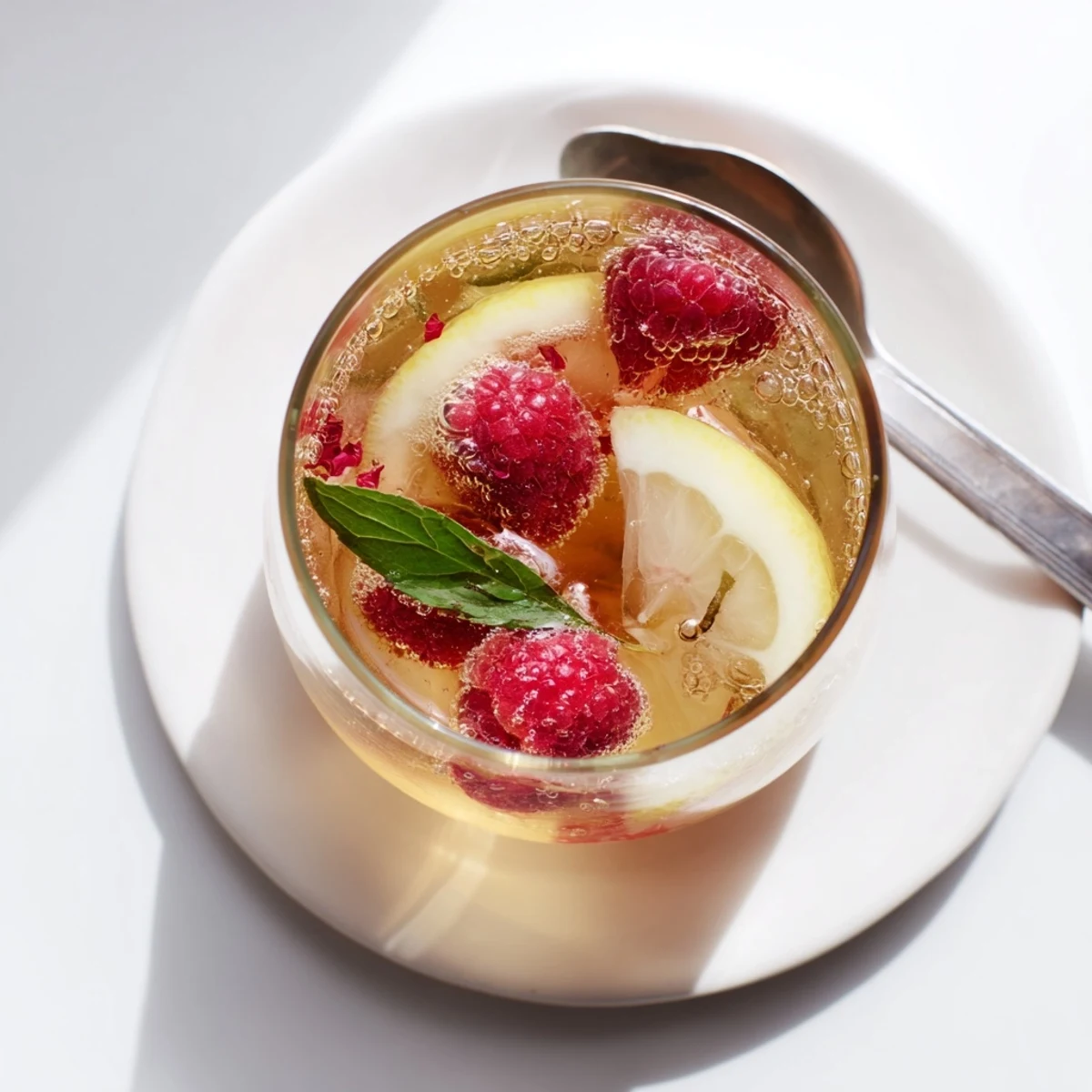 Refreshing fizz in a glass of kombucha-style mocktail, perfect for summer gatherings.  