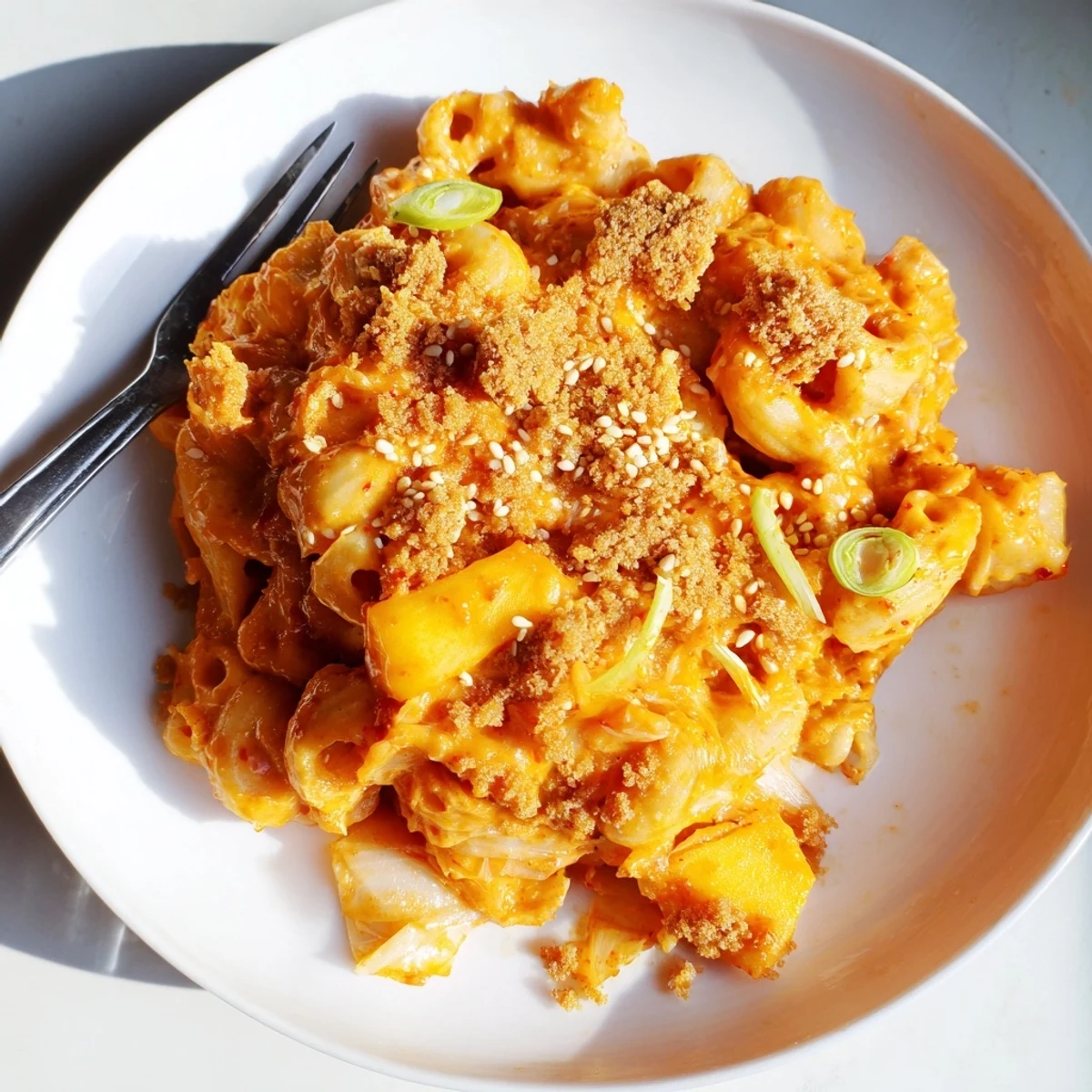 Creamy Spicy Kimchi Mac & Cheese with crispy sesame topping, perfect for comfort food lovers.  