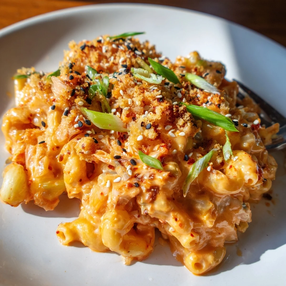 Delicious Spicy Kimchi Mac & Cheese, blending tangy flavors and cheesy richness elegantly.