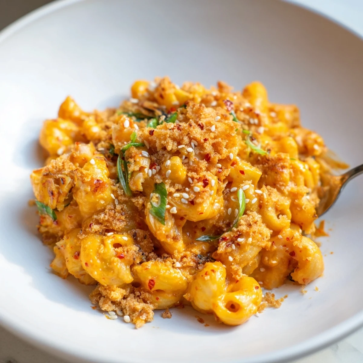 Indulge in Spicy Kimchi Mac & Cheese topped with golden panko and sesame seeds.  