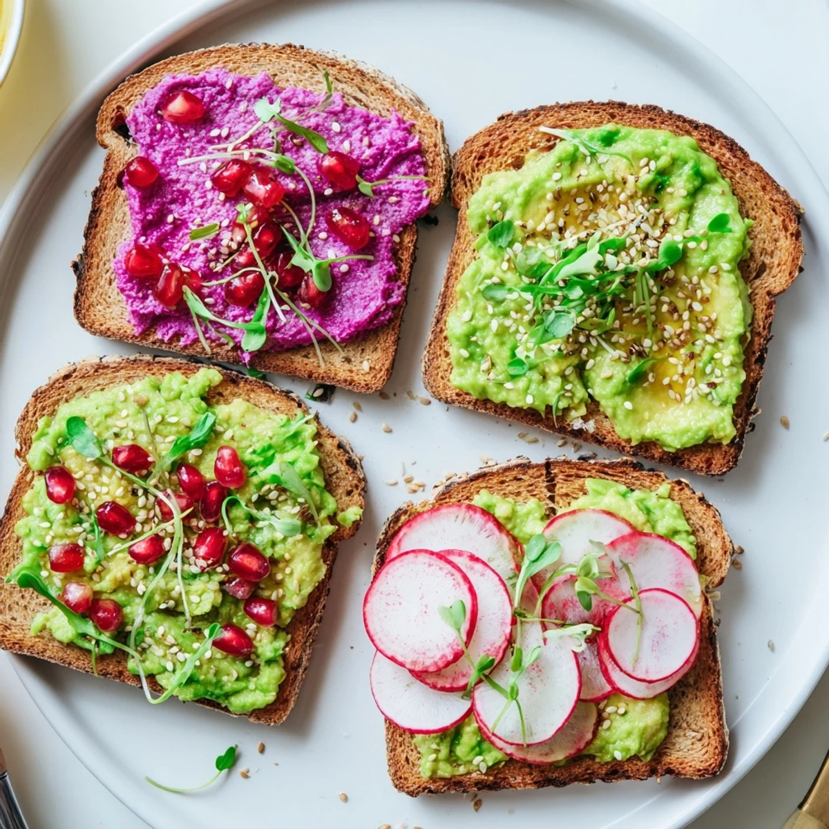 Sourdough breakfast toasts featuring ube halaya and fresh herbs for a bold start.