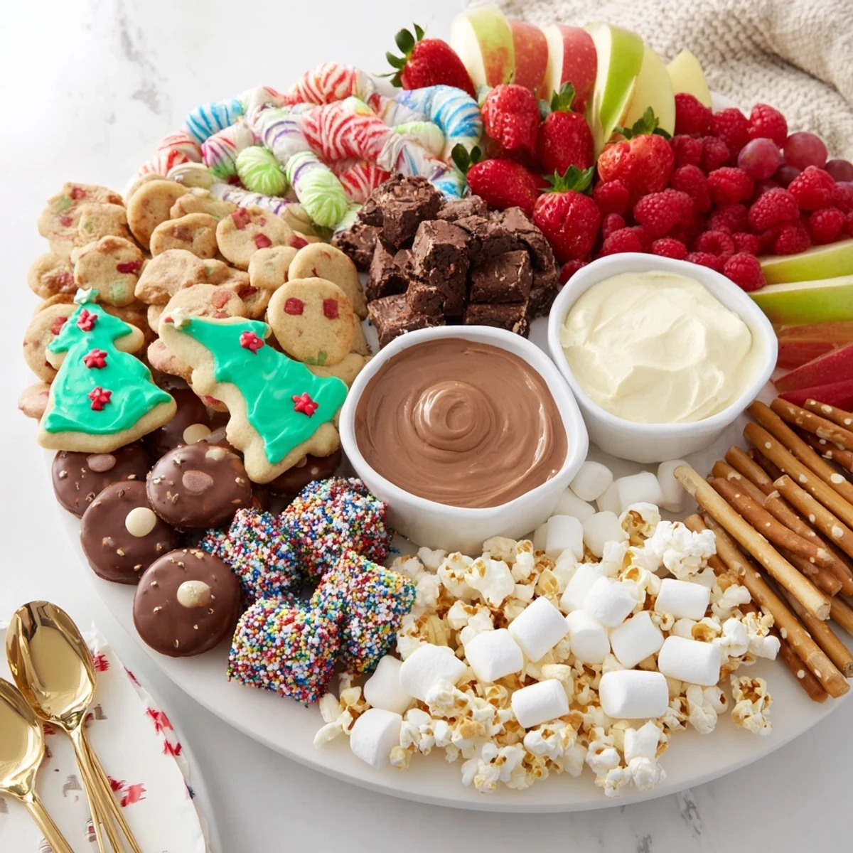Beautifully arranged dessert board with cookies, chocolates, and fun dips to share.