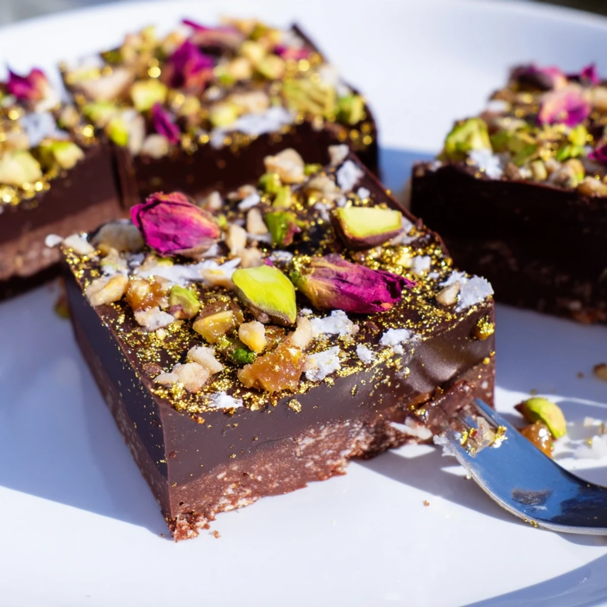 Indulge in rich chocolate bar inspired creations garnished with dried rose petals.  