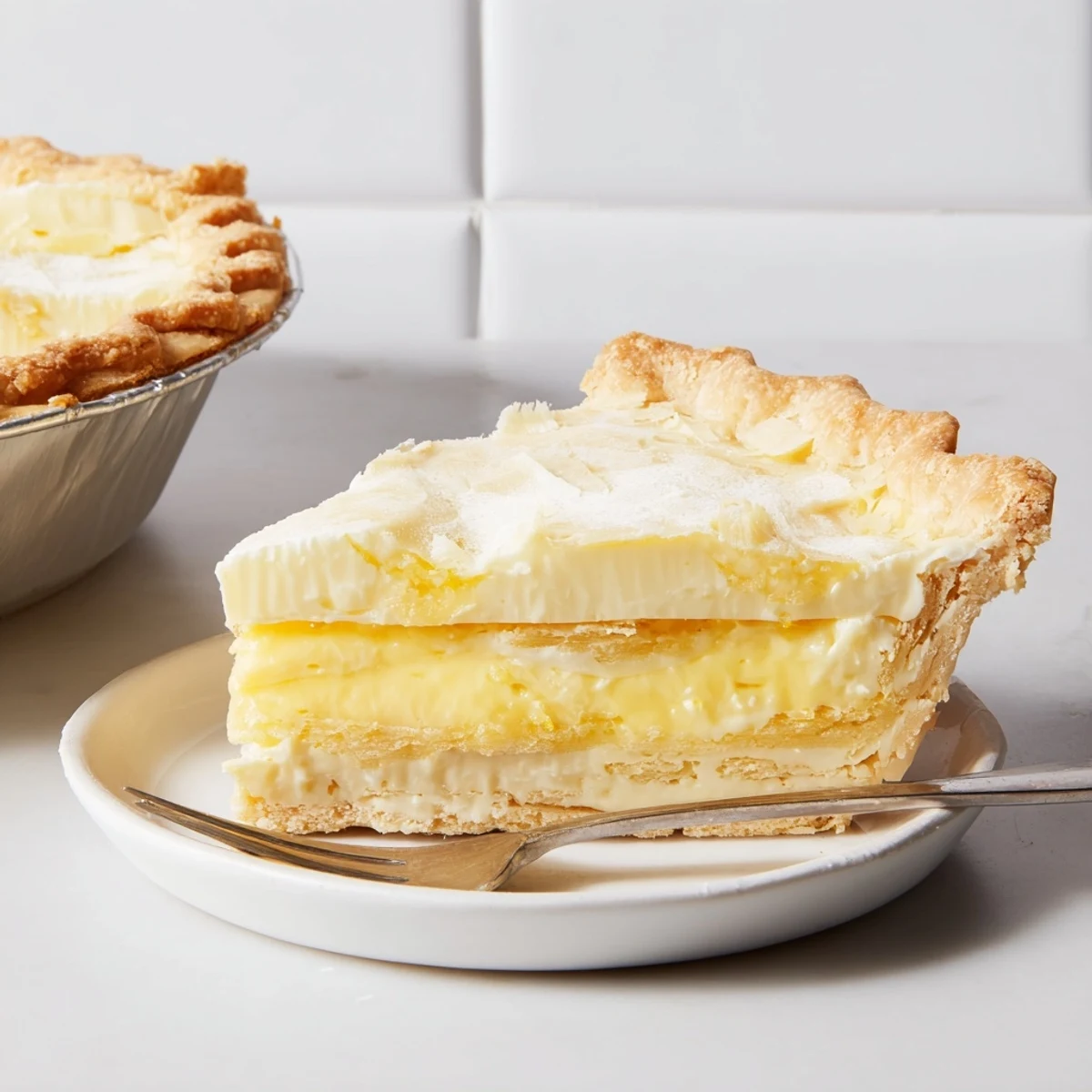 Creamy water pie cooling on a counter, topped with golden buttery crust.  