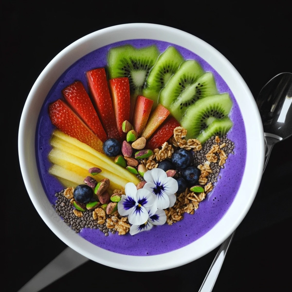 Colorful Vibrant Smoothie Bowls topped with fresh kiwi and berries, perfect for breakfast.  