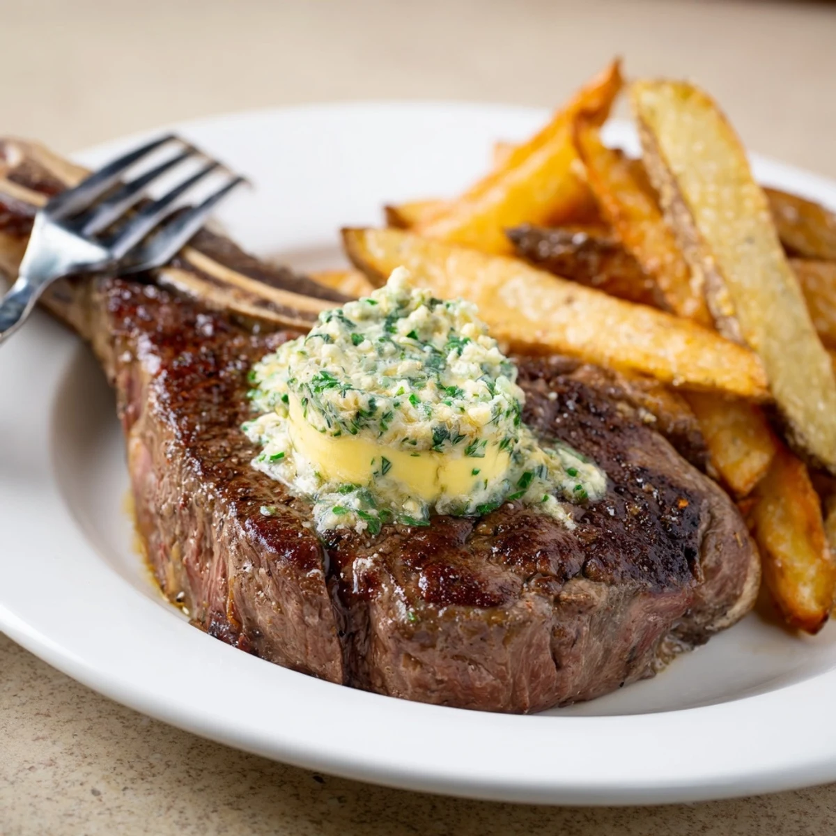 Indulge in a steakhouse garlic butter steak and fries, a savory delight.
