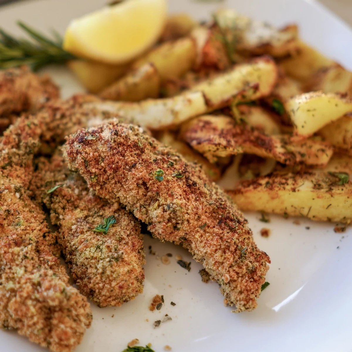 Crispy herbed chicken tenders served with perfectly roasted potato wedges and lemon slices.