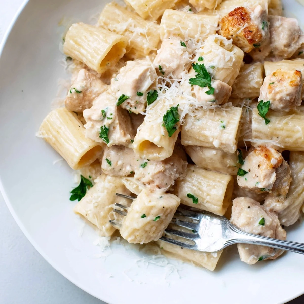 Creamy Garlic Parmesan Chicken Rigatoni with chicken, garlic sauce, and fresh parsley garnish.  