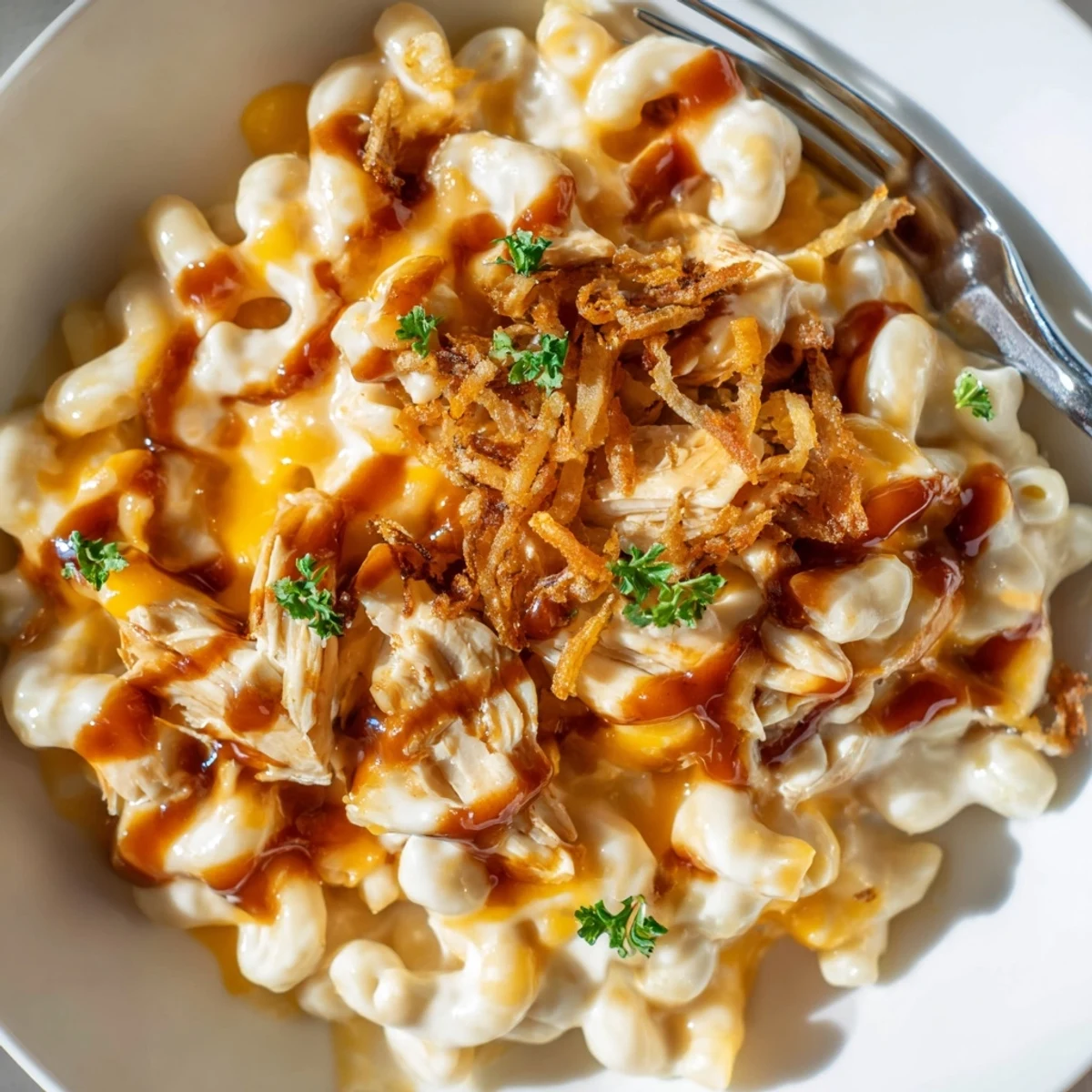 Creamy One-Pot Honey BBQ Chicken Mac and Cheese with melted cheese and crispy onions.