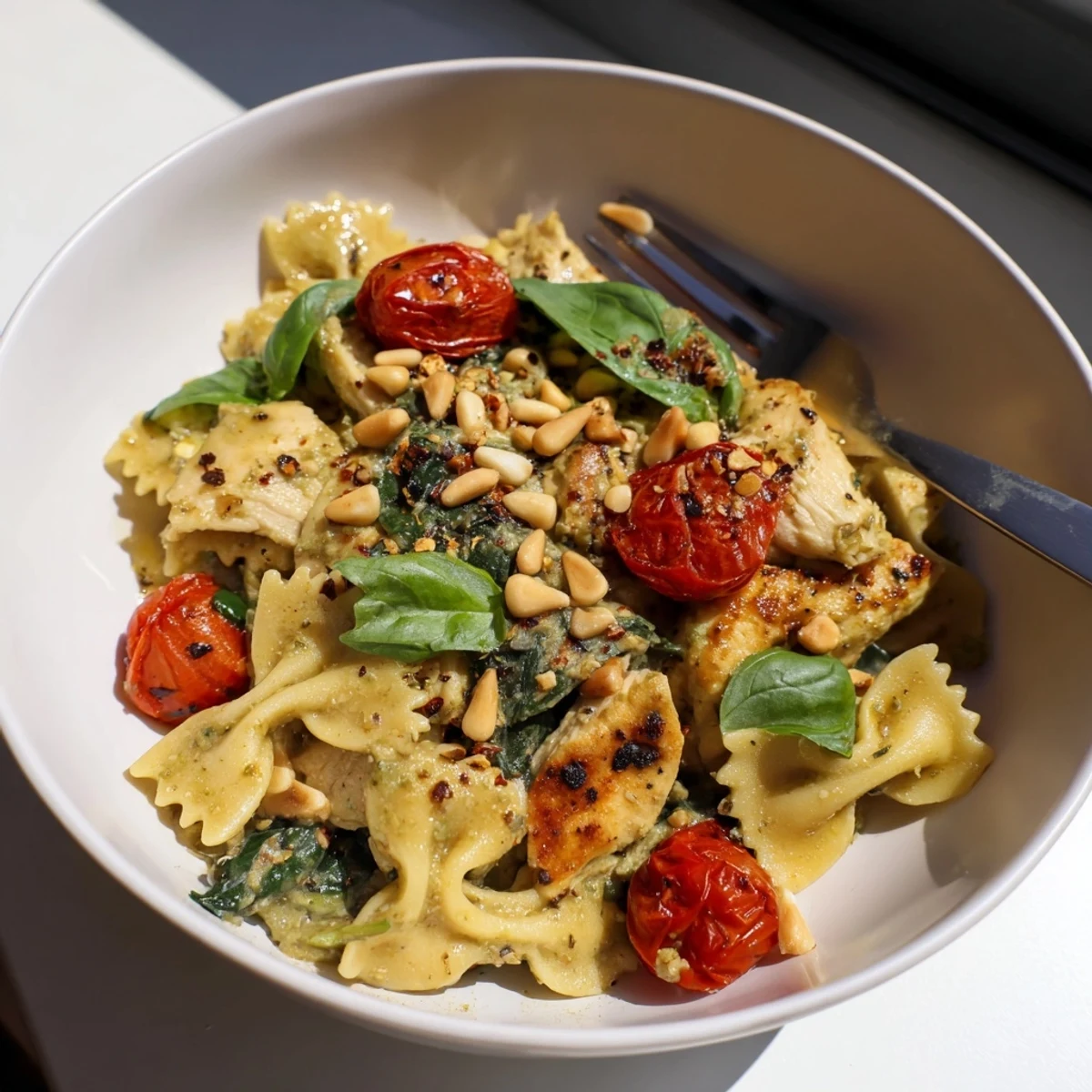 Easy pesto chicken bowtie pasta dish served with grated Parmesan and spinach.
