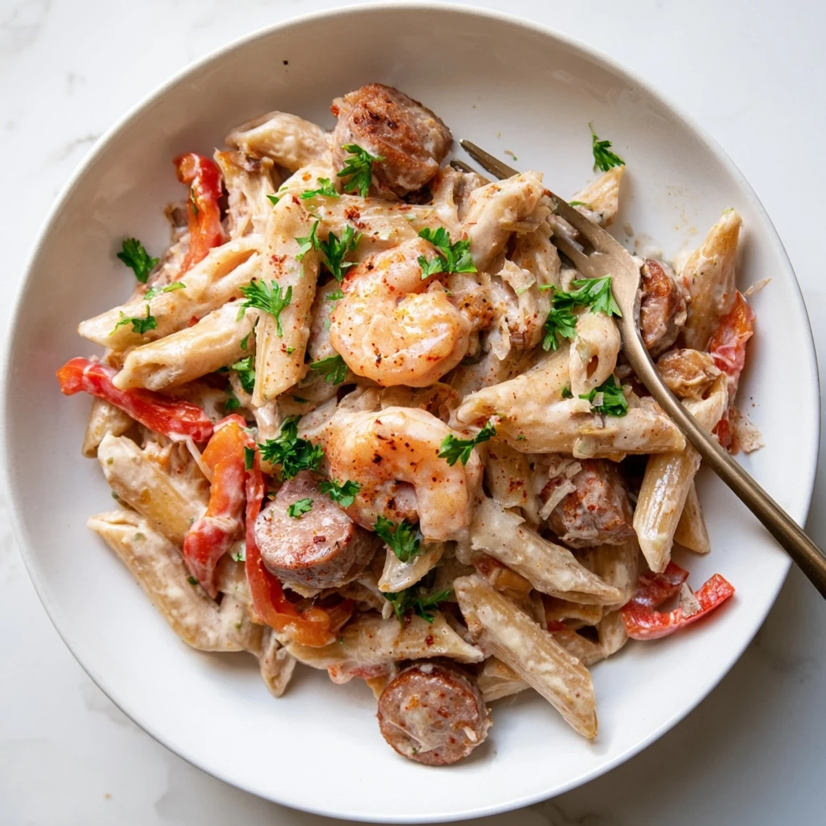 A delicious Cajun Sausage & Shrimp Alfredo Pasta Skillet simmering with rich flavors and spices.  