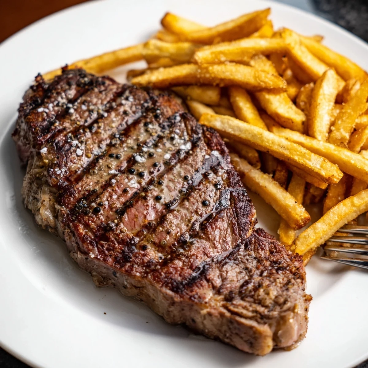 Juicy ribeye steaks coated in crushed peppercorns and paired with crispy fries. 