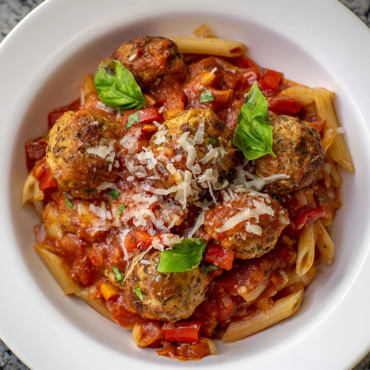 A close-up of steaming Italian Meatball Pasta Skillet, with melted cheese and fresh basil garnish.