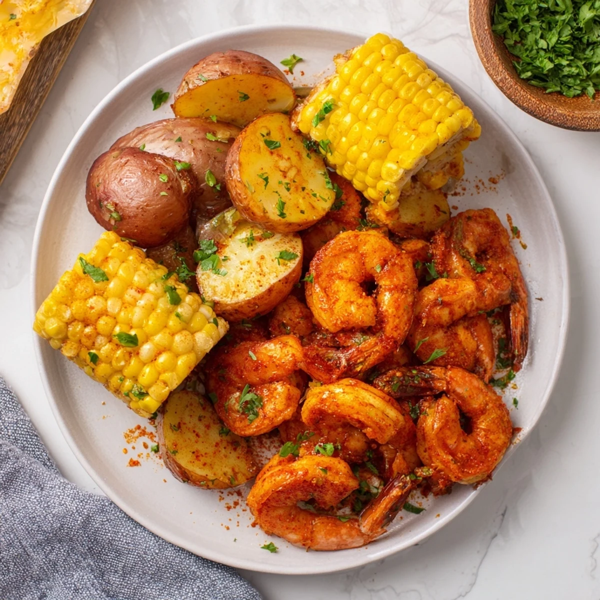 Cajun Shrimp & Sweet Corn Platter: a colorful spread of spicy shrimp, corn, and roasted potatoes, ready to eat.