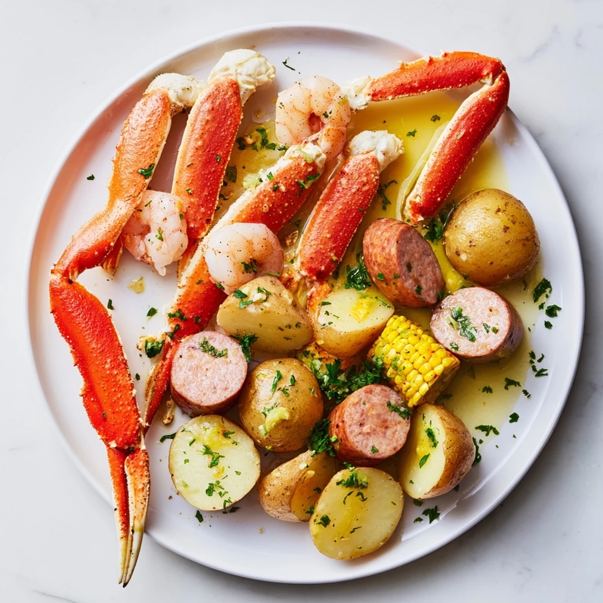 Enjoy the robust flavors of a Southern-style seafood boil with crab legs, shrimp, and sausage.