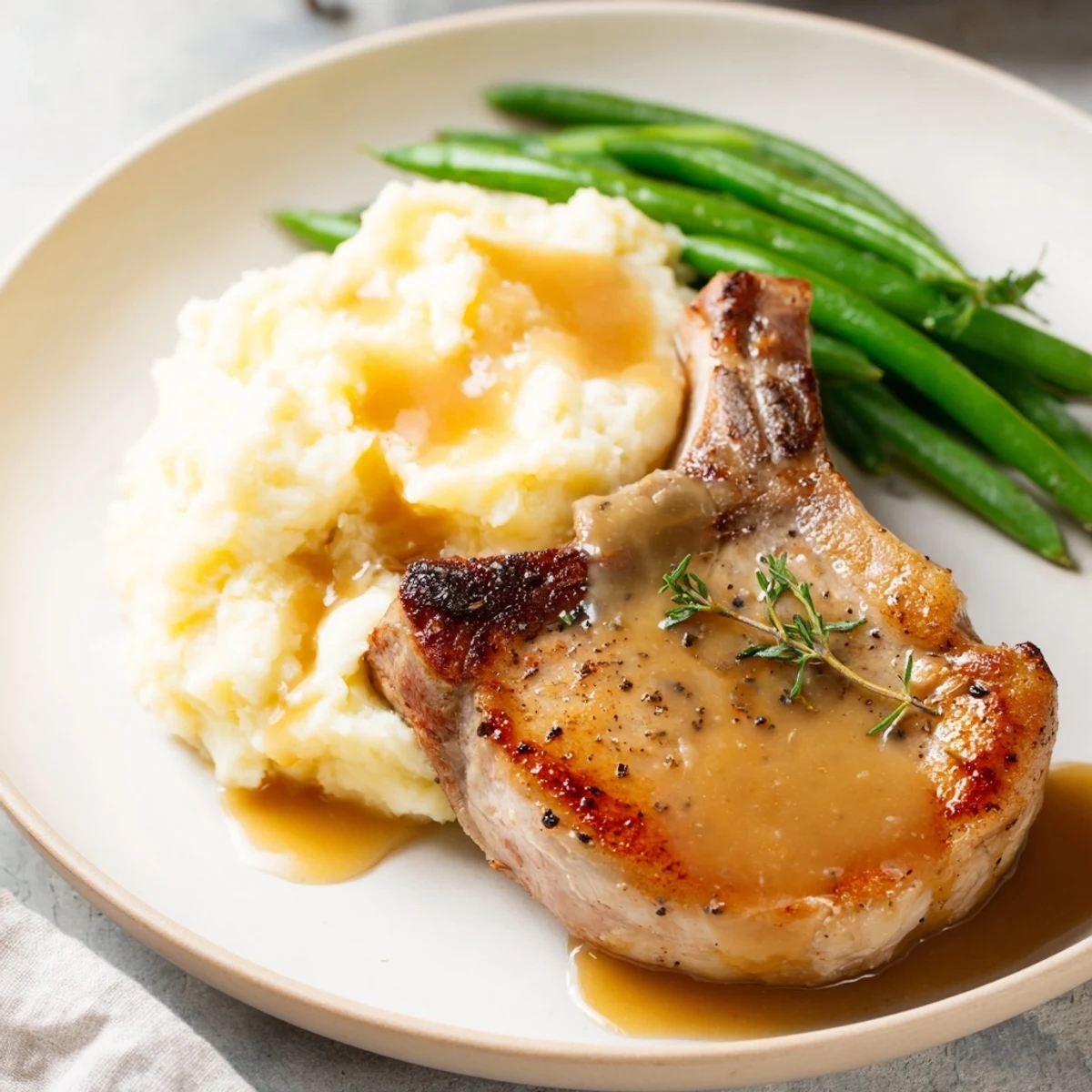 A comforting Pork Chops & Cheddar Mash Bowl with juicy pork chops, rich gravy, and bright green beans.