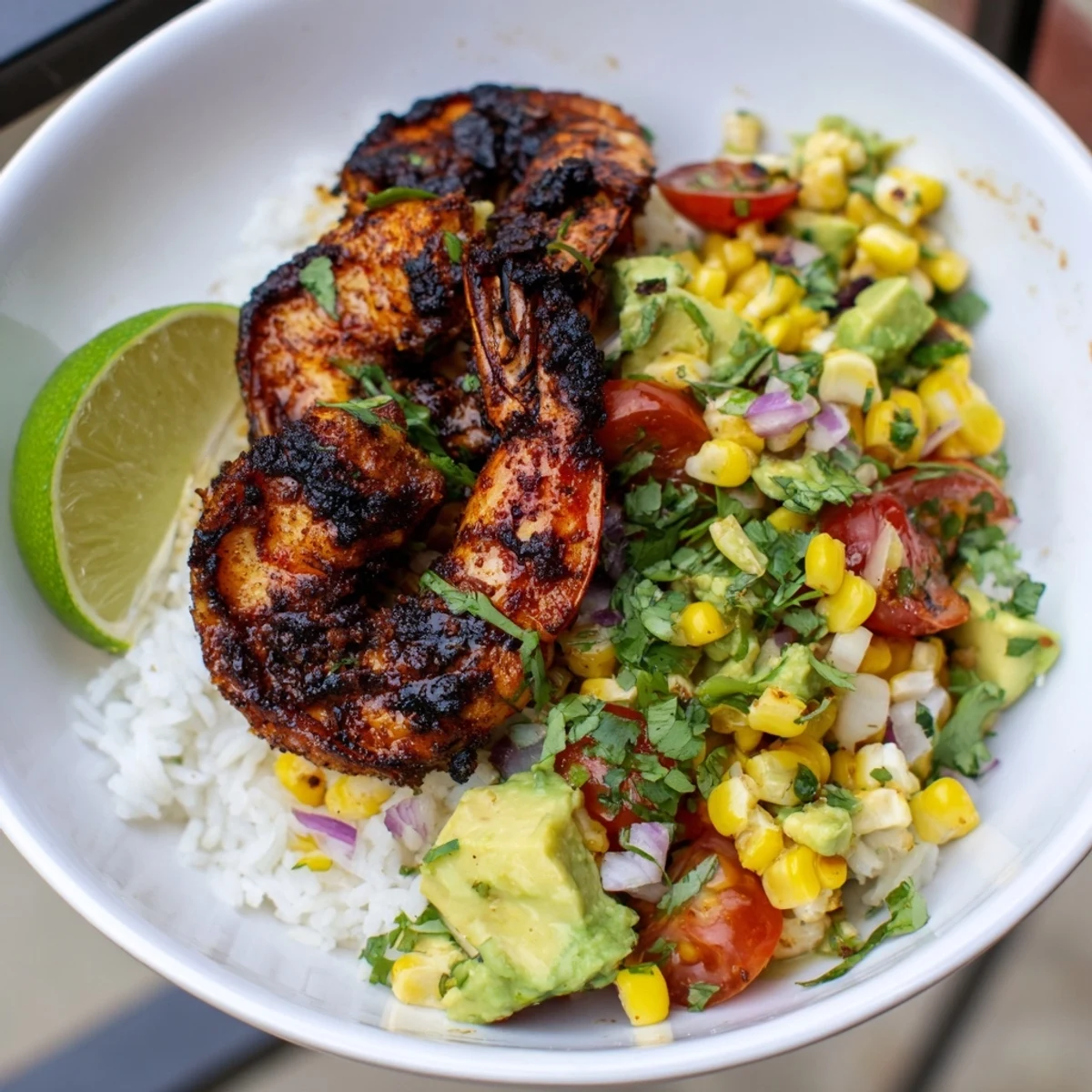 Fluffy rice piled high, topped with spicy blackened shrimp and fresh avocado corn salsa.
